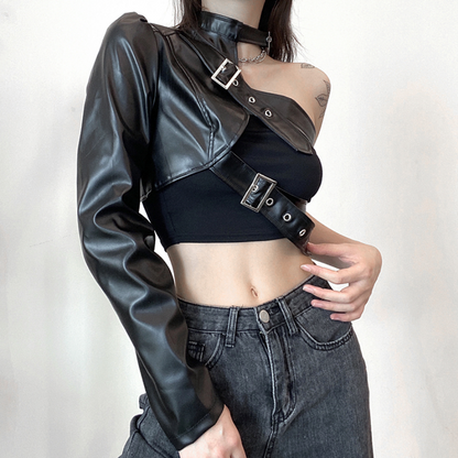 Punk Style Black PU Leather Crop Top