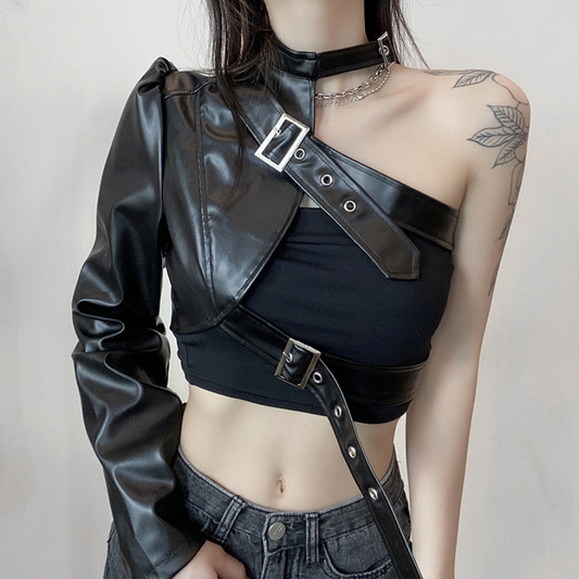 Punk Style Black PU Leather Crop Top