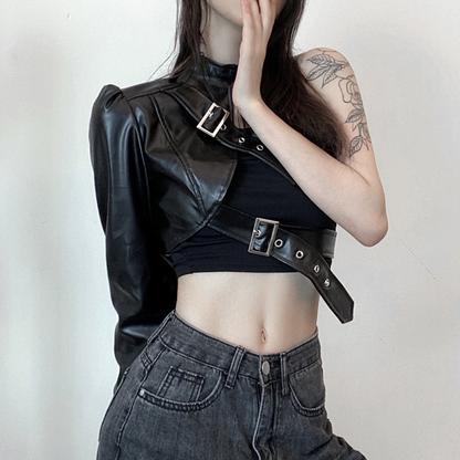 Punk Style Black PU Leather Crop Top