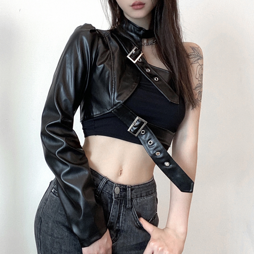 Punk Style Black PU Leather Crop Top
