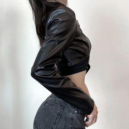 Punk Style Black PU Leather Crop Top