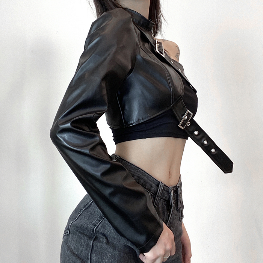 Punk Style Black PU Leather Crop Top