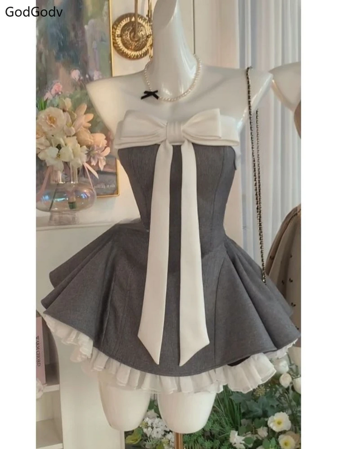 Vintage Strapless Bow Puffy Mini Dress