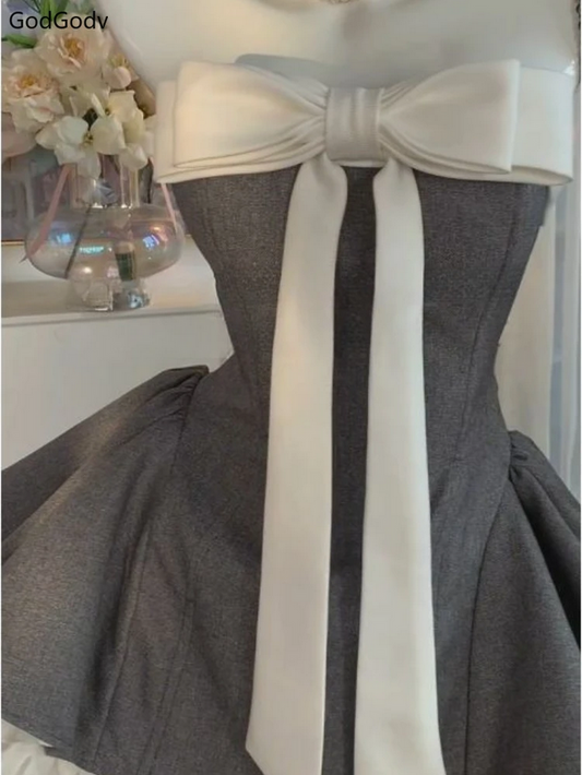 Vintage Strapless Bow Puffy Mini Dress