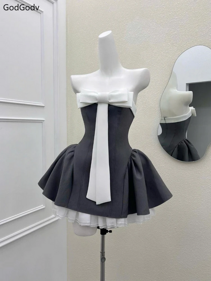 Vintage Strapless Bow Puffy Mini Dress