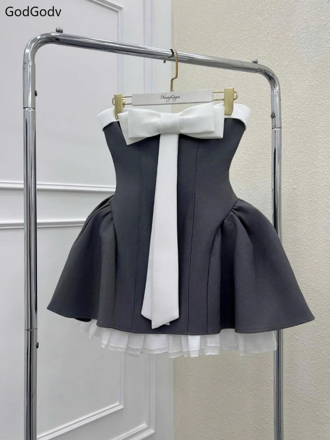 Vintage Strapless Bow Puffy Mini Dress