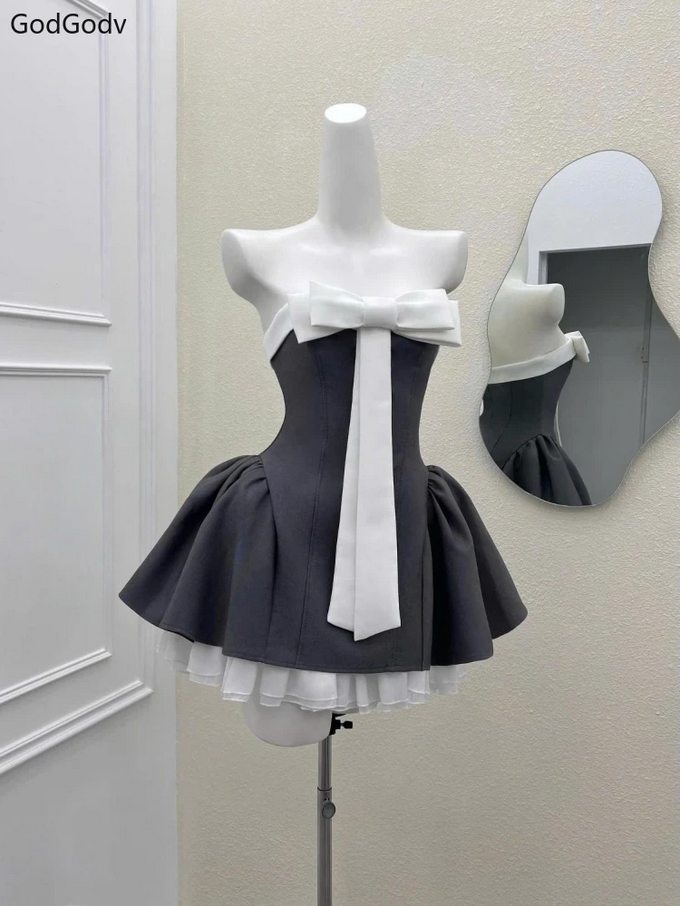 Vintage Strapless Bow Puffy Mini Dress