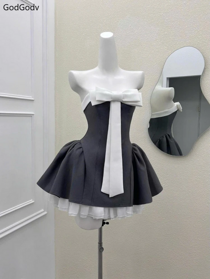 Vintage Strapless Bow Puffy Mini Dress