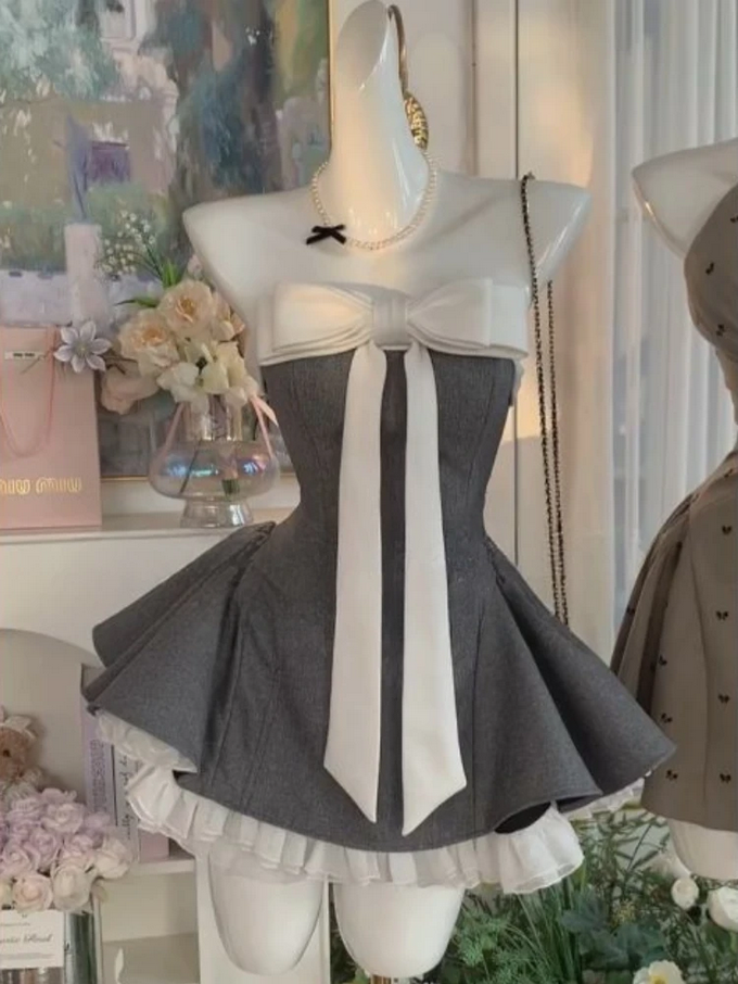 Vintage Strapless Bow Puffy Mini Dress