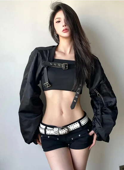 Edgy Buckle Strap Crop Top Black Jacket