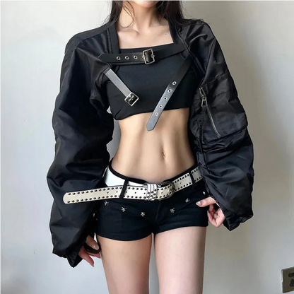 Edgy Buckle Strap Crop Top Black Jacket