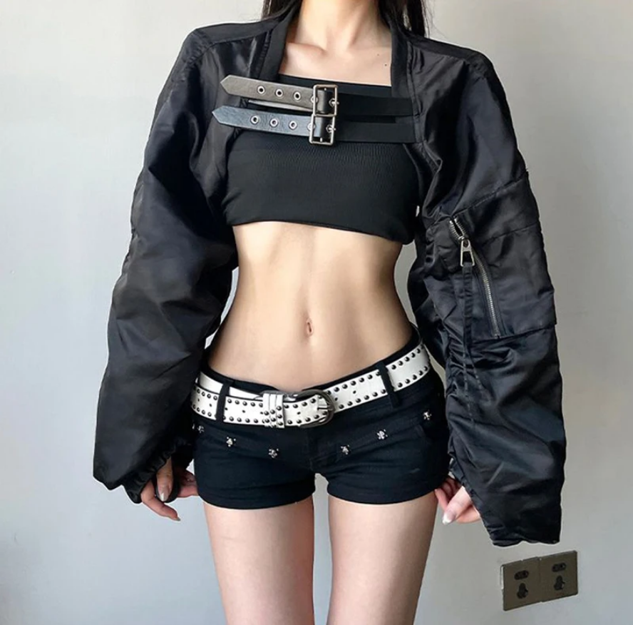 Edgy Buckle Strap Crop Top Black Jacket