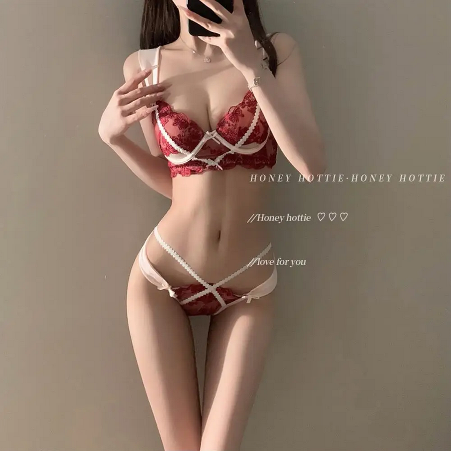 Floral Lace Ribbon Bra Set