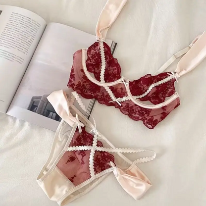 Floral Lace Ribbon Bra Set