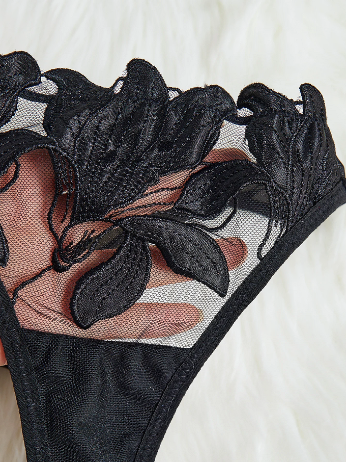 Floral Embroidery Mesh Lingerie Set