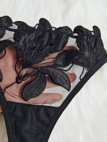 Floral Embroidery Mesh Lingerie Set