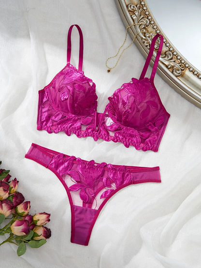 Floral Embroidery Mesh Lingerie Set