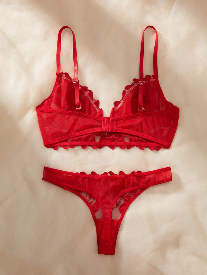 Floral Embroidery Mesh Lingerie Set