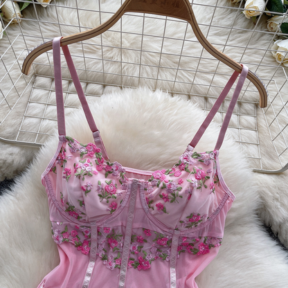 Pink Floral Embroidery Mesh Bodysuit Lingerie