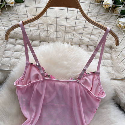 Pink Floral Embroidery Mesh Bodysuit Lingerie