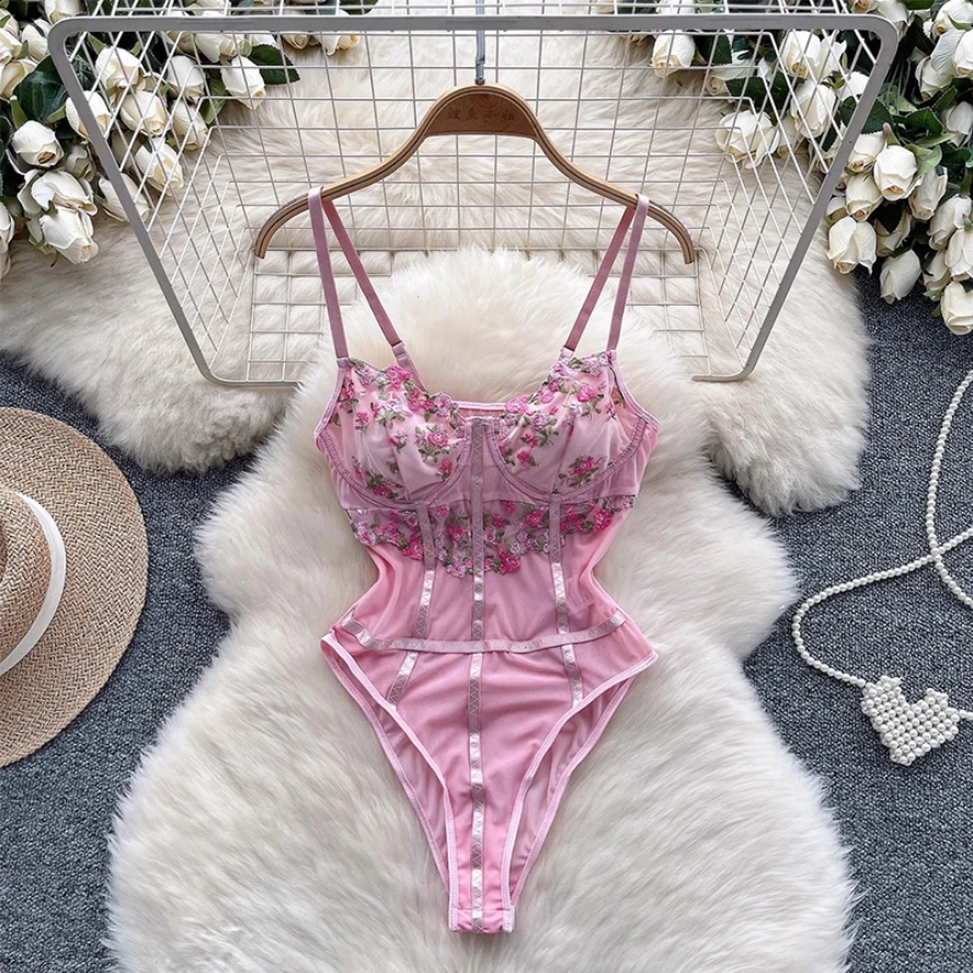 Pink Floral Embroidery Mesh Bodysuit Lingerie