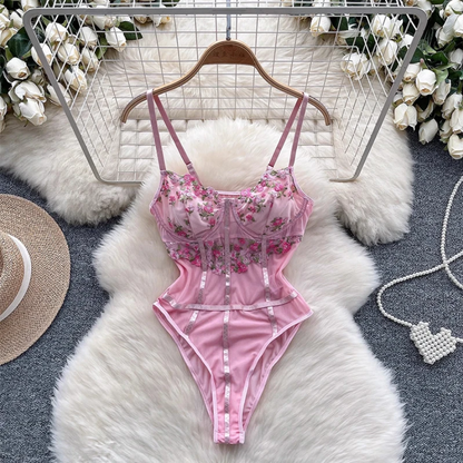 Pink Floral Embroidery Mesh Bodysuit Lingerie