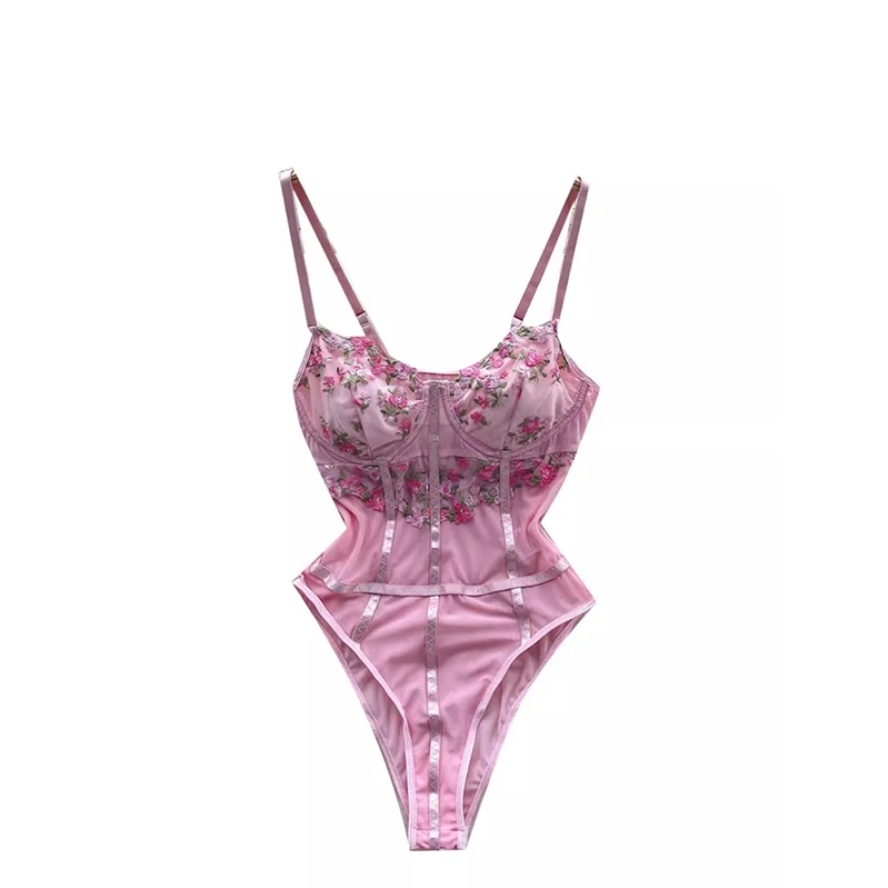 Pink Floral Embroidery Mesh Bodysuit Lingerie