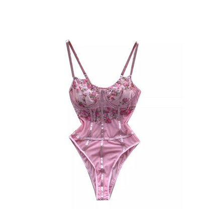 Pink Floral Embroidery Mesh Bodysuit Lingerie