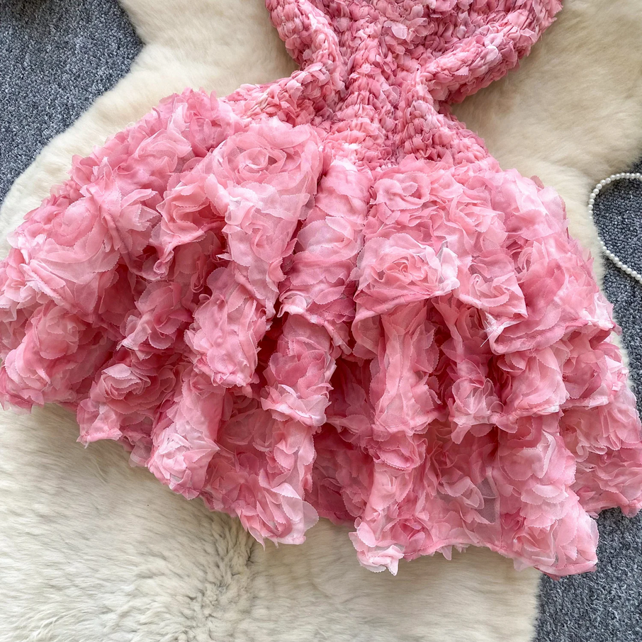 Pink 3D Floral Strapless Party Dress