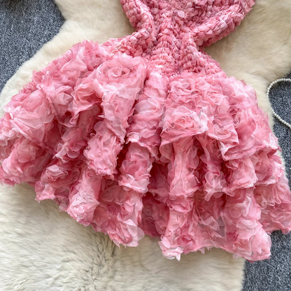 Pink 3D Floral Strapless Party Dress