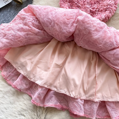 Pink 3D Floral Strapless Party Dress