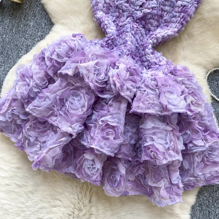 Pink 3D Floral Strapless Party Dress