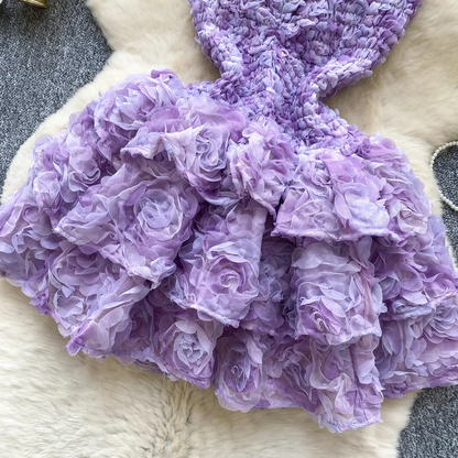 Pink 3D Floral Strapless Party Dress