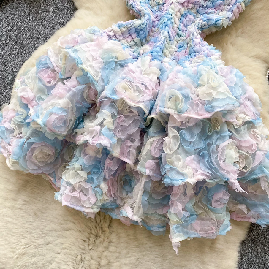 Pink 3D Floral Strapless Party Dress