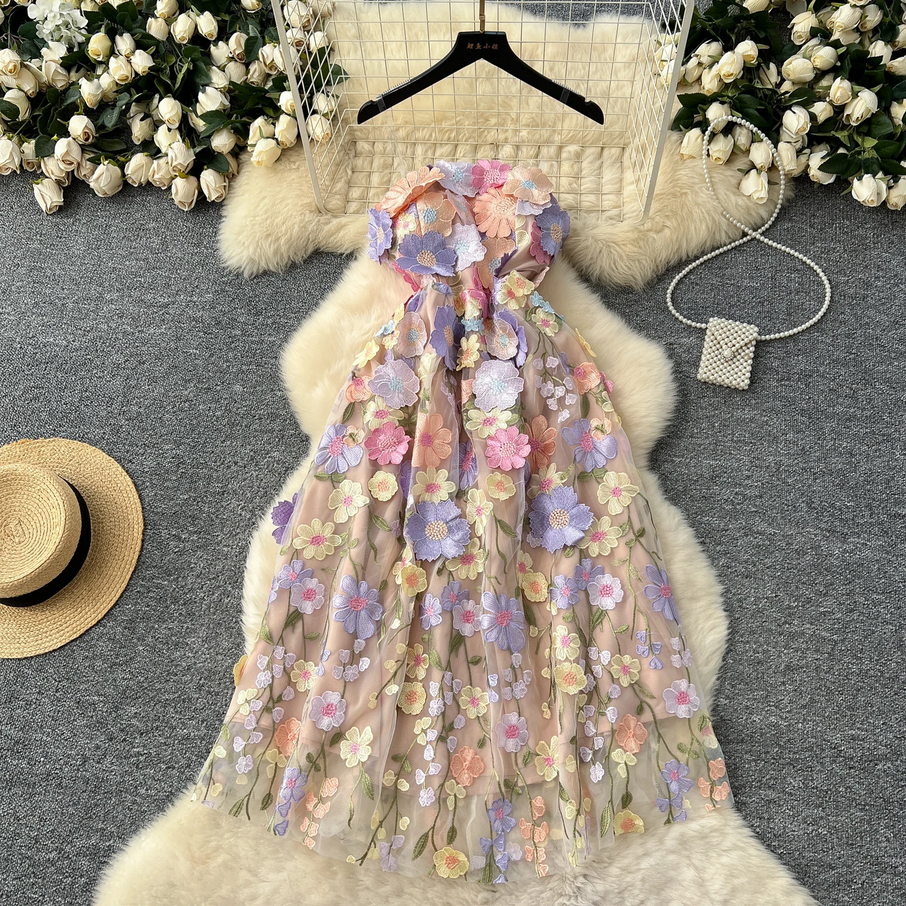 Pastel 3D Floral Mesh Lace Dress