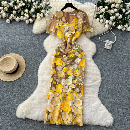 Elegant Lace 3D Floral Mesh Maxi