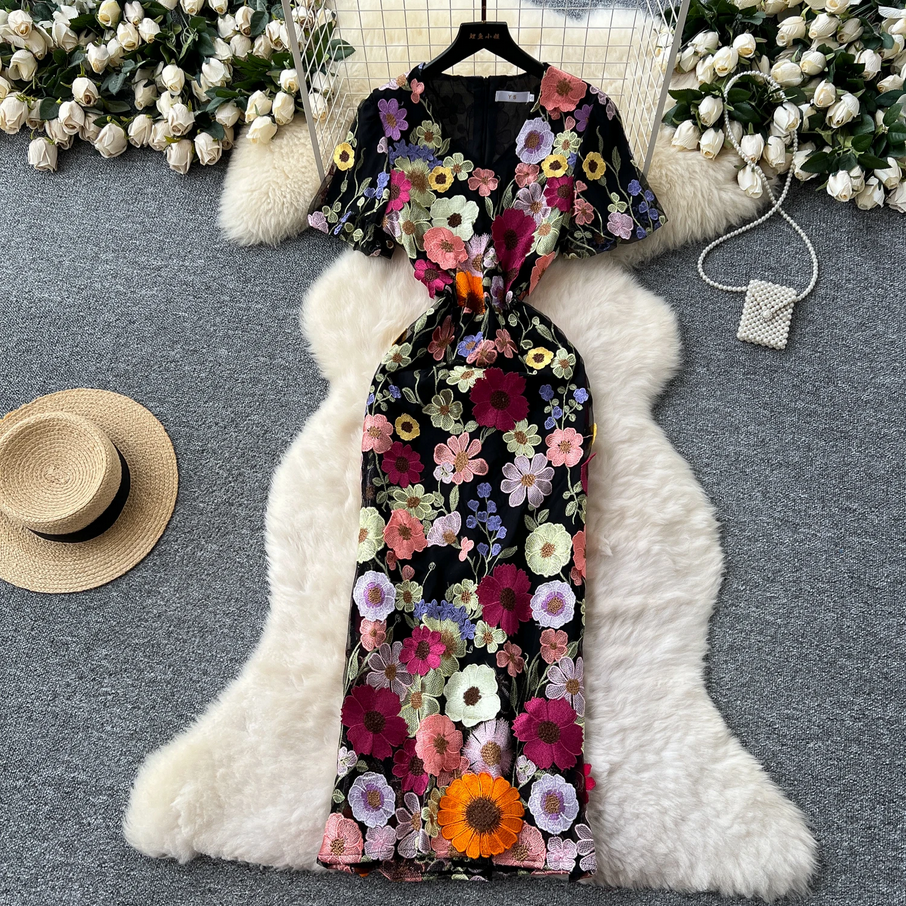 Elegant Lace 3D Floral Mesh Maxi