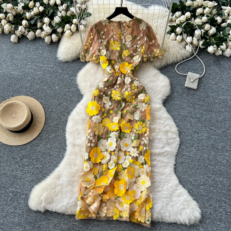 Elegant Lace 3D Floral Mesh Maxi