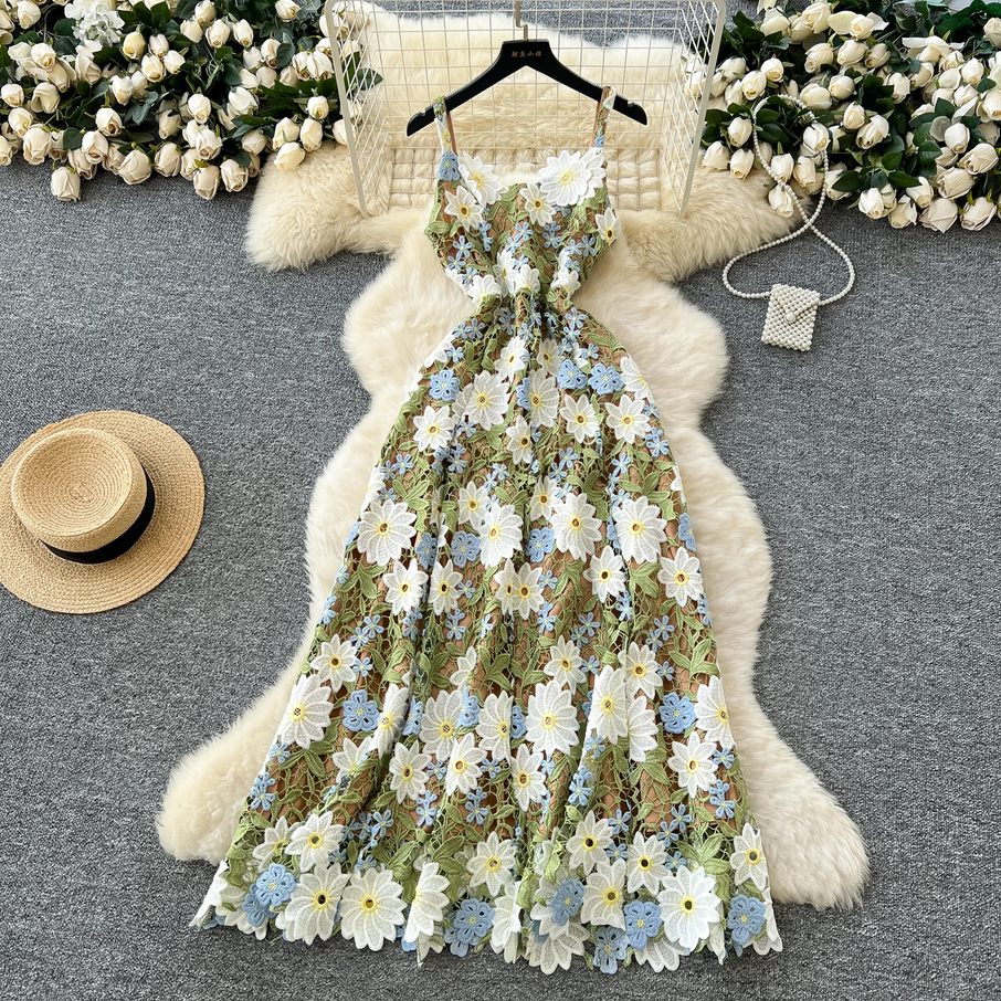 Elegant Daisy 3D Floral Lace Long Dress