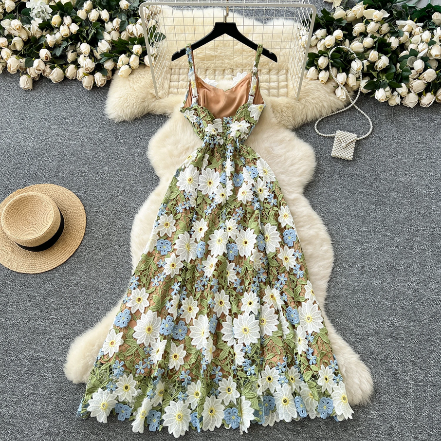 Elegant Daisy 3D Floral Lace Long Dress