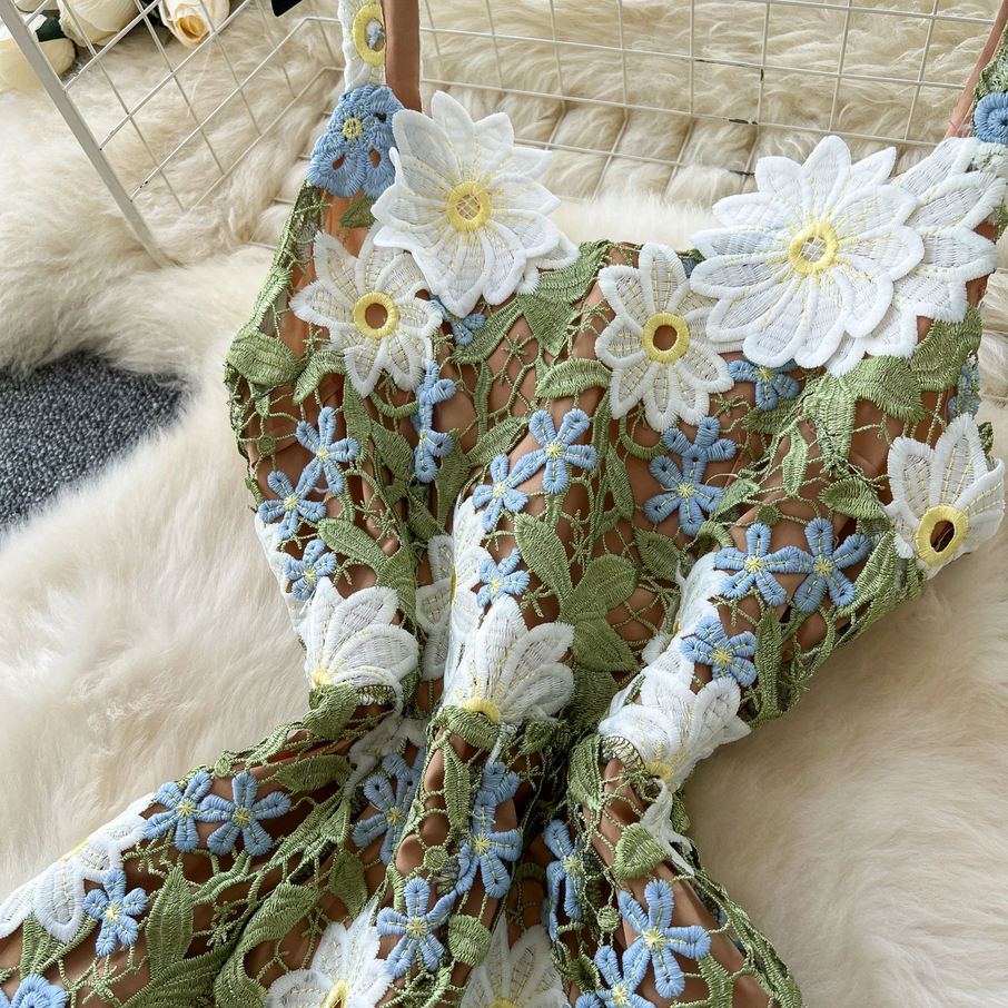 Elegant Daisy 3D Floral Lace Long Dress