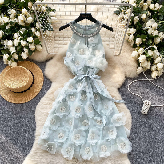 Blue 3D Floral Embellished Party Dress