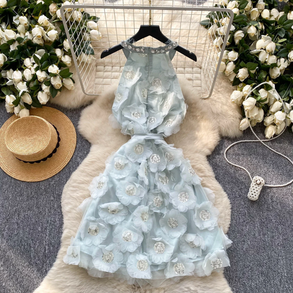 Blue 3D Floral Embellished Party Dress
