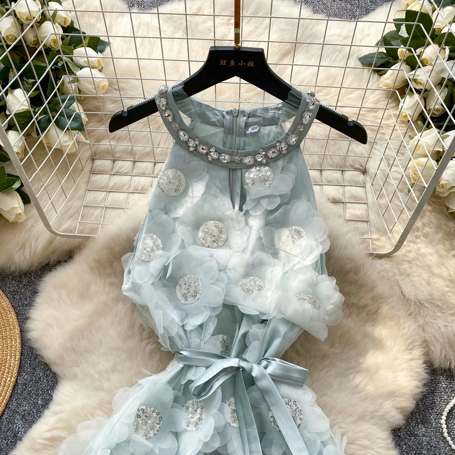 Blue 3D Floral Embellished Party Dress