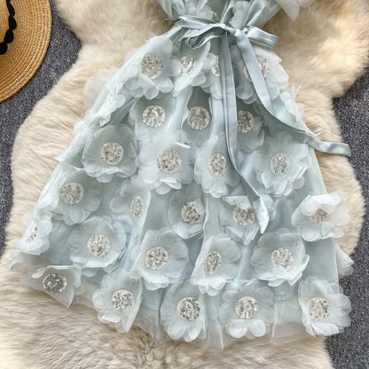 Blue 3D Floral Embellished Party Dress