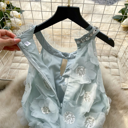 Blue 3D Floral Embellished Party Dress