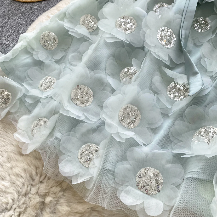 Blue 3D Floral Embellished Party Dress