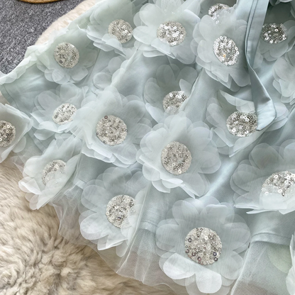 Blue 3D Floral Embellished Party Dress