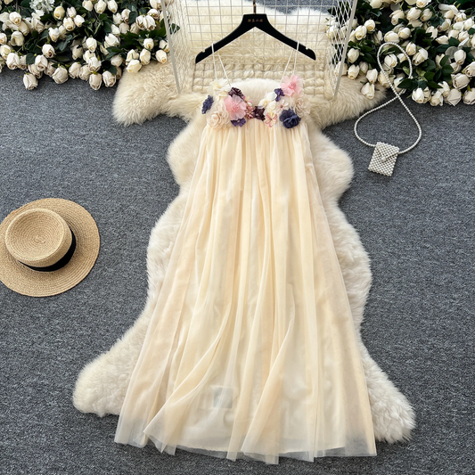 Cream 3D Floral Tulle Maxi