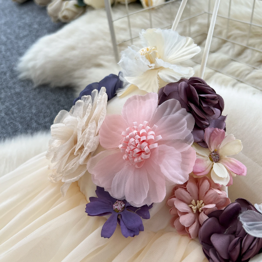 Cream 3D Floral Tulle Maxi